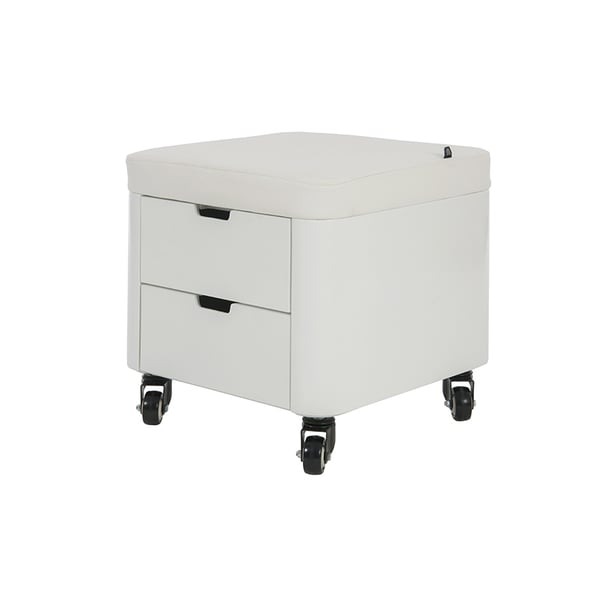 Accogliente sgabello per pedicure: Con due cassetti portaoggetti in legno laccato bianco